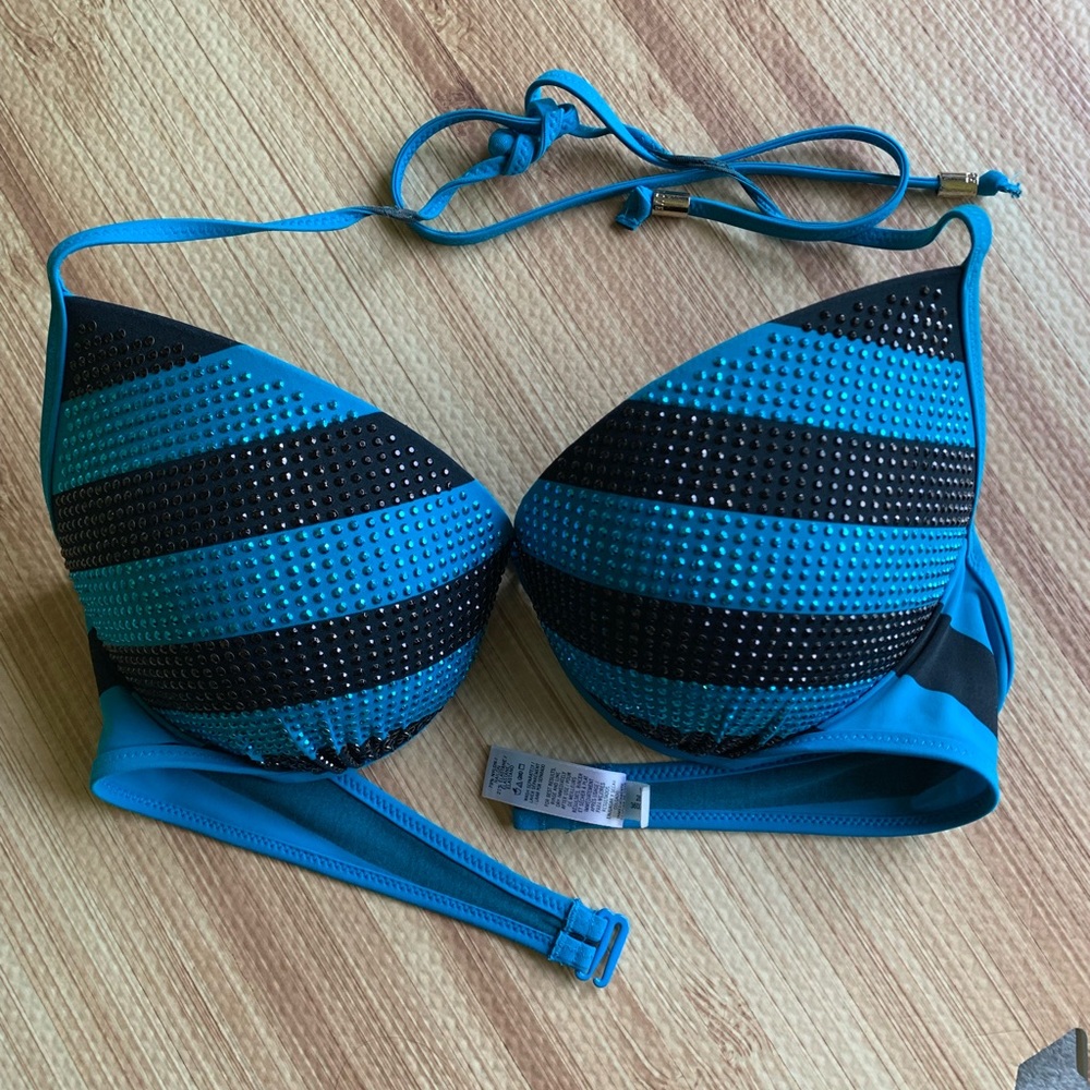 VS PINK blue black striped rhinestone bikini top
